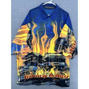 Vtg Johnny Blaze Flames All Over Print Button Shirt Mens 2XL Korea Y2K